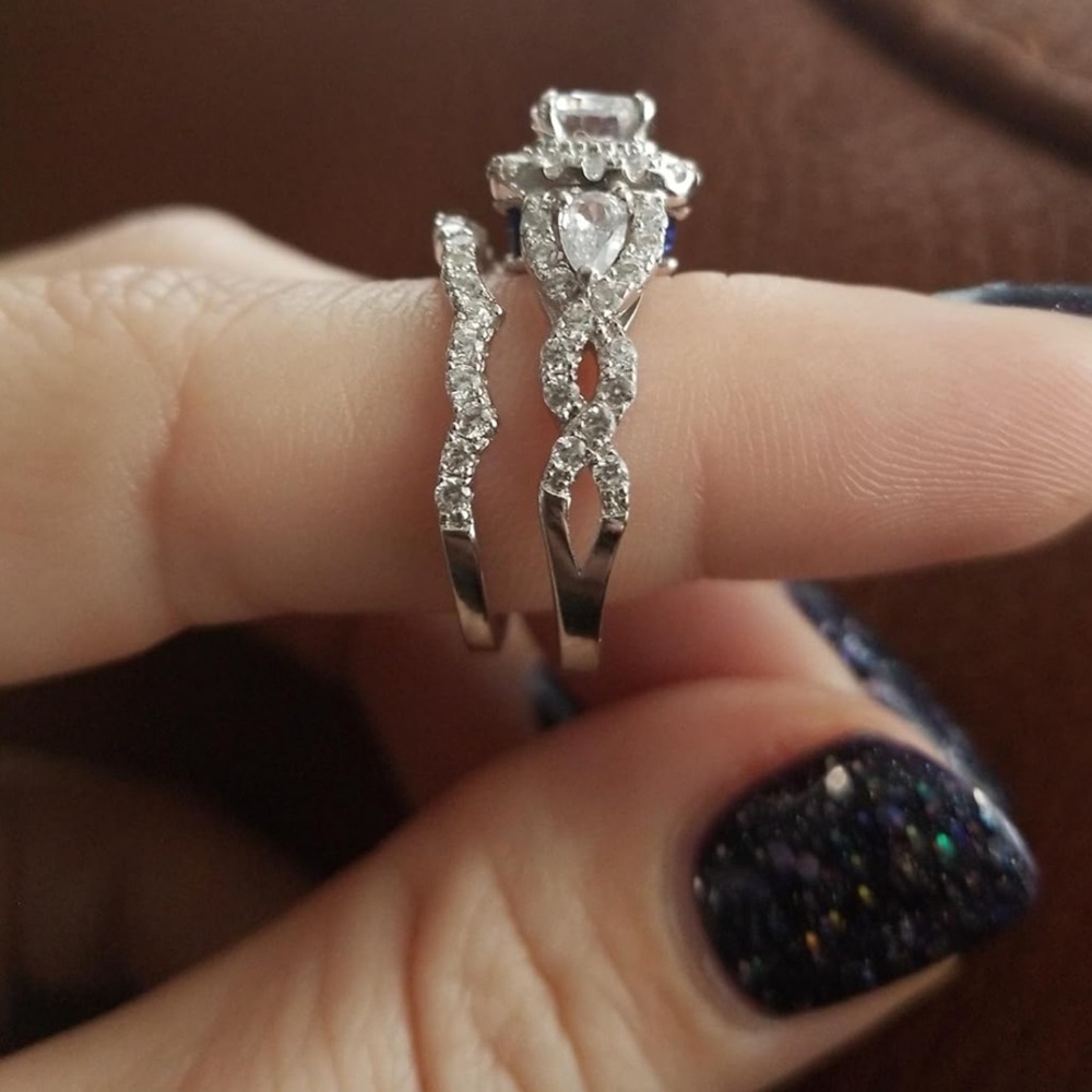 Silver Diamond Halo Engagement Ring Set Wedding - Picture 12 of 14
